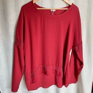 Boho Lace Sleeve Sheer Blouse XL Wine Red Flowy Top Romantic Fall Layering Trend